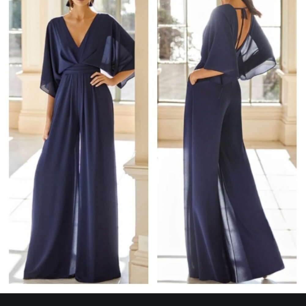 NEW Mondressy Chiffon V-Neck Pantsuit With Pockets